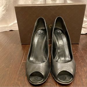 Gucci Black Leather Peep Toe Wedges